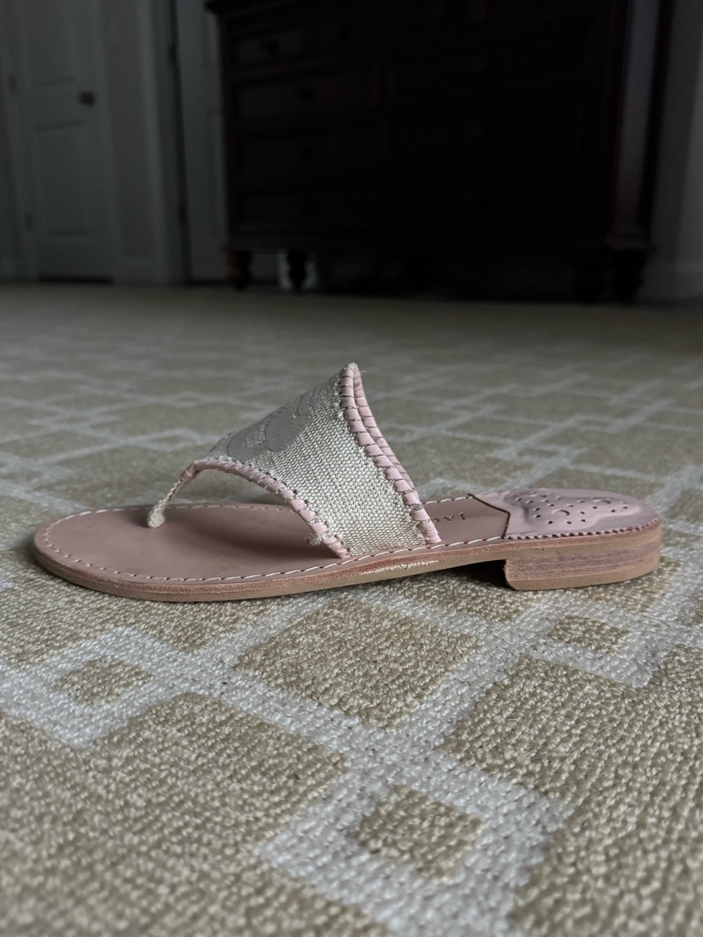 Jack Rogers Spartina Mermaid Thong Flip Flop Sandals Pink Ivory Leather Linen 9 - Picture 3 of 14